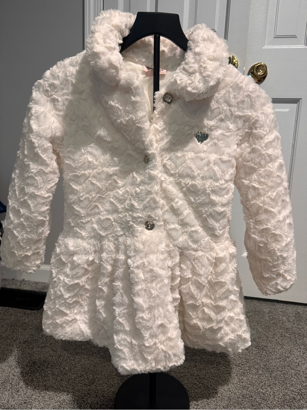 Juicy Couture Girls Plush Faux-Fur Pea Coat in White